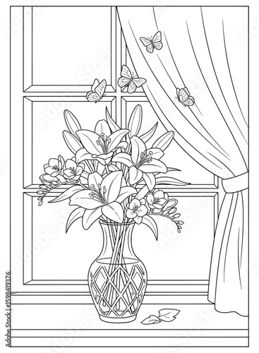 Elegant vase of lilies and spring flowers by the window with fluttering butterflies – line art illustration
