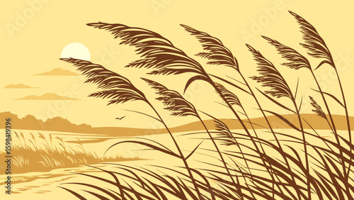 Vintage landscape vector art of golden sunset over river with reeds and bird silhouette illustration