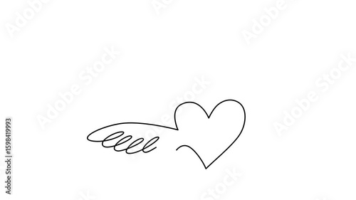 Valentine with hearts and wings animated self drawing of single continuous line, contour movement, video drawing of line in 4k, abstract, minimalism, symbol of marriage, love, wedding, one line