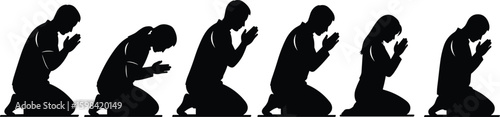 Silhouette of people praying in various positions, spiritual worship, peaceful meditation, religious devotion scene, unity in faith, serene vector art