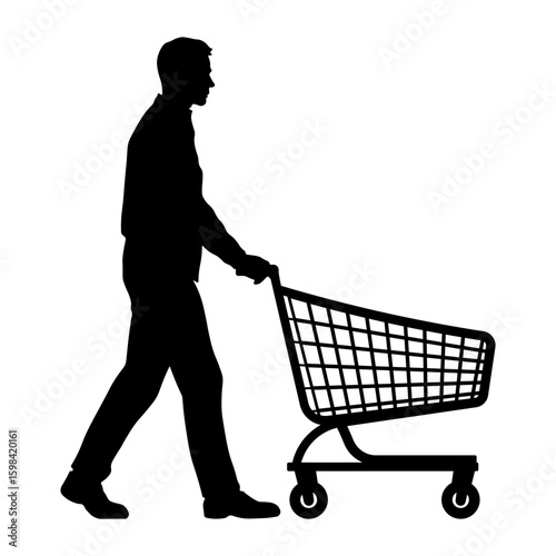 Black silhouette of a man pushing a supermarket shopping cart, side view, without background.