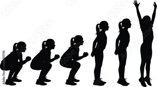 Silhouette sequence of squat jump exercise, workout progression, fitness routine, healthy lifestyle, physical activity, motion movement, gym, training, form