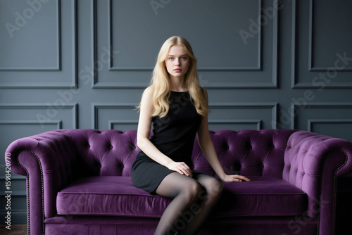 Elegant woman in black dress poses on luxurious purple tufted sofa