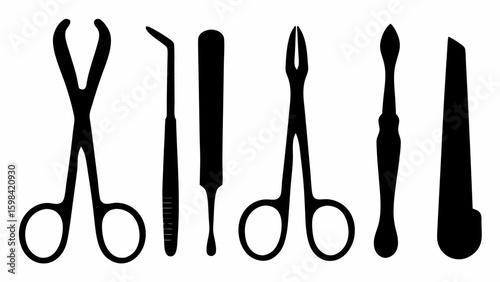 Illustration of various surgical instruments including forceps and scalpels in black silhouette form