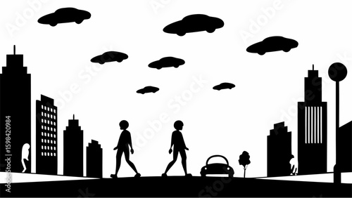Black and white cityscape with pedestrians, flying cars, buildings, and a dog silhouette on the street