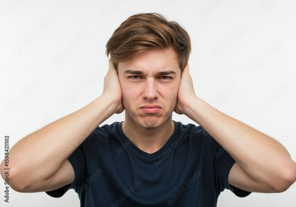 Distressed Young Man Covering Ears Expressing Frustration Against Plain Backdrop Distressed Young Man Covering Ears Expressing Frustration Against Plain Backdrop