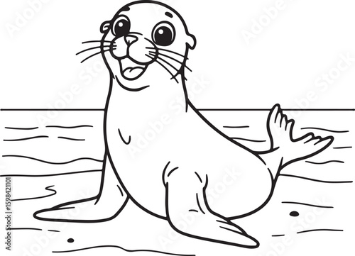 Minimalist black and white line drawing of a happy sea lion sitting on the beach,