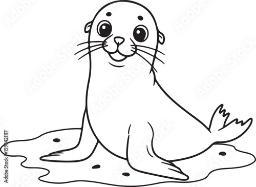 Minimalist black and white line drawing of a happy sea lion sitting on the beach,