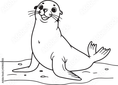 Minimalist black and white line drawing of a happy sea lion sitting on the beach,