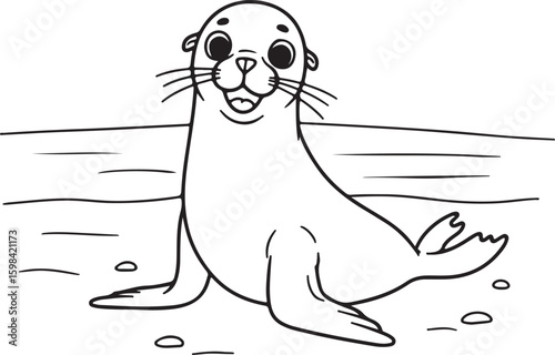 Minimalist black and white line drawing of a happy sea lion sitting on the beach,