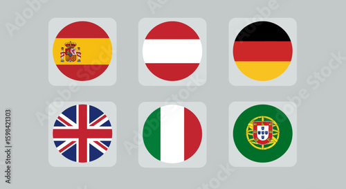 Collection of circular national flags including Spain, Austria, Germany, United Kingdom, Italy, and Portugal presented in a clean, modern graphic layout for international representation. Free Download Collection of circular national flags including Spain, Austria, Germany, United Kingdom, Italy, and Portugal presented in a clean, modern graphic layout for international representation. - GFXLoad