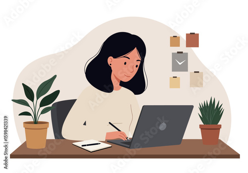 Young woman focused on her laptop at a desk with plants and notes, representing modern work or study habits and creative processes.