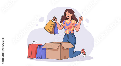 Joyful woman unpacking shopping bags and boxes, celebrating consumerism and retail therapy with excitement and enthusiasm