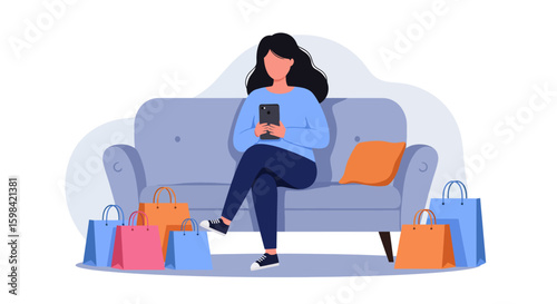 Woman relaxing on sofa with shopping bags and smartphone, representing online shopping and leisure time, modern flat design style