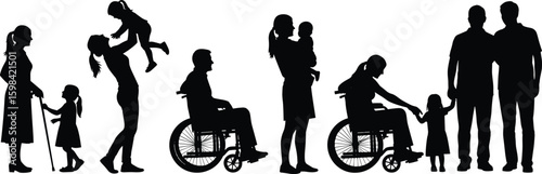 Silhouettes of diverse family members, children, elderly, wheelchair users, multigenerational love, support, caregiving, inclusion, unity, diversity, togetherness, compassion