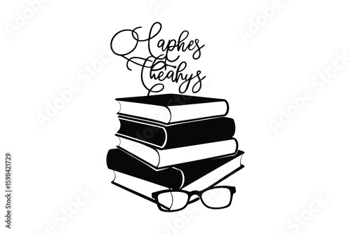 Silhouette of a stack of books with reading glasses and happy holidays text isolated on white background