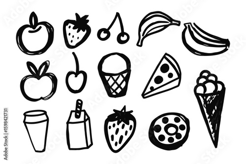 Sketched Gourmet Delights: A collection of hand-drawn illustrations, showcasing an assortment of mouthwatering delicacies perfect for visual storytelling.