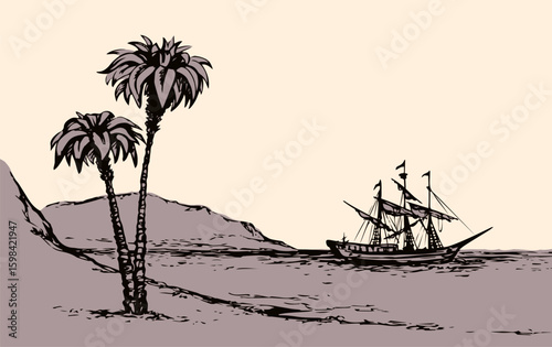Vector landscape. Sketch of a fishing boat
