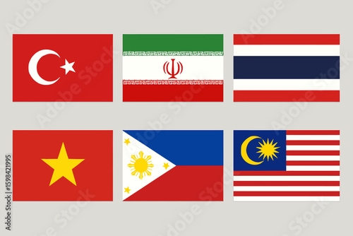 Collection of Six Asian and Middle Eastern National Flags displayed side by side including Turkey Iran Thailand Vietnam Philippines and Malaysia