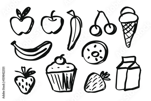 Drawn Delight: A collection of playful, sketched food illustrations, showcasing the simple joy of fresh, appetizing fruit and treats.