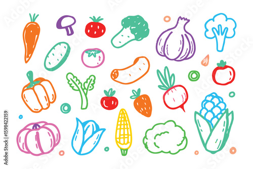 Hand-Drawn Vegetables: A vibrant collection of hand-drawn vegetables in various shapes, colors, and sizes, arranged to inspire healthy eating habits, creativity, and culinary exploration.