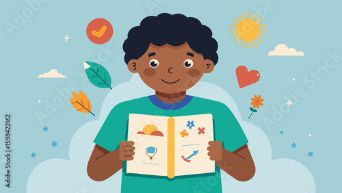 A child proudly displays their handmade book filled with illustrations and words describing their journey through trauma and healing with the guidance. Vector illustration