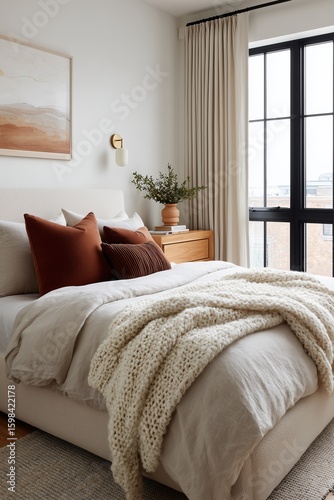An elegantly designed bedroom featuring neutral tones, knitted blanket, and decorative pillows, creating a warm and inviting atmosphere.