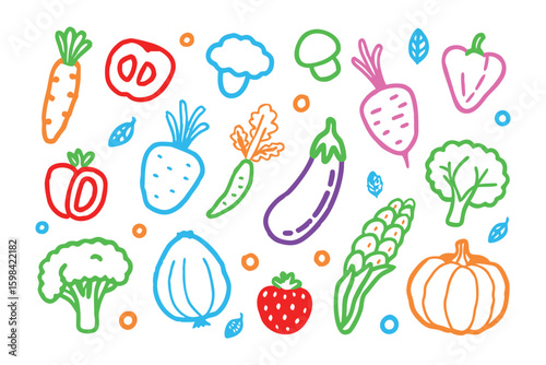Vibrant Vegetables: A colorful assortment of fresh vegetables, including carrots, tomatoes, broccoli, mushrooms, and more, are displayed in a playful, hand-drawn illustration.