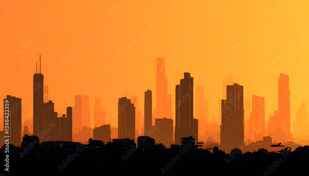 Fototapeta premium City skyline silhouettes at sunset, various building heights, abstract, shadows