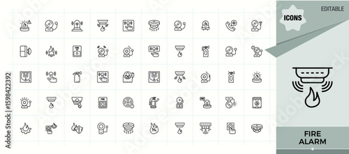 Fire Alarm linear icon set. Minimalist icons collection. Emergency vector line icon set. Related to extinguisher, rescue, siren, fire, safety, alarm and more.