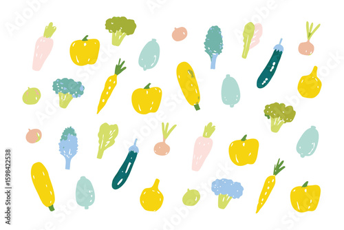 Whimsical Veggie Medley: A vibrant, eye-catching array of hand-drawn vegetables creating a playful, appetizing pattern. Capturing fresh, healthy eating in a fun aesthetic.