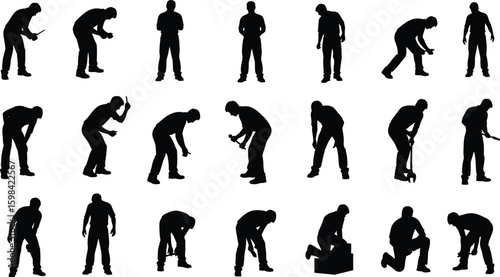 Silhouettes of workers performing various tasks, industrial labor activity, construction poses, manual work scene, occupational themes, black vector illustration