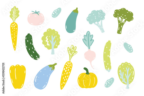 Fresh Garden Bounty: A colorful assortment of fresh vegetables, each hand-drawn with a touch of artistic charm, celebrates nature's bounty with a vibrant, healthy aesthetic.