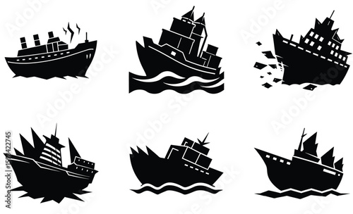 Old Wooden Boat Wreck Vector Set – Vintage Damaged Boat Silhouettes for Rustic, Nautical, and Shipwreck-Themed Designs

