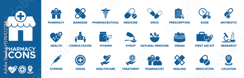 Pharmacy icon set. pharmacy, health, syringe, cross, consultation, bandage, pharmaceutical, vitamin, healthcare, treatment, syrup, medicine, drug, natural medicine. Solid icons vector collection.