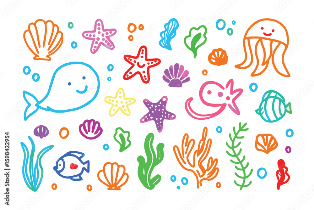 Naklejka premium Playful Underwater World: A delightful illustration showcases an array of charming sea creatures, from smiling whales and graceful jellyfish to colorful starfish and detailed seashells.