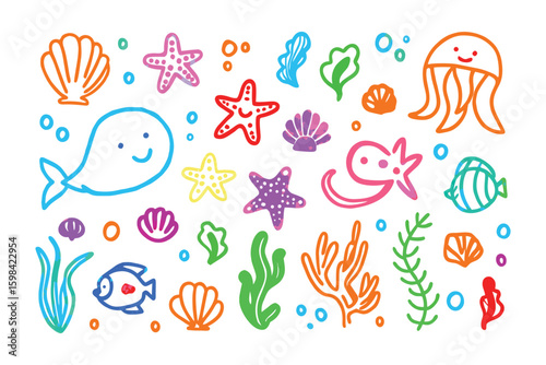 Playful Underwater World: A delightful illustration showcases an array of charming sea creatures, from smiling whales and graceful jellyfish to colorful starfish and detailed seashells.