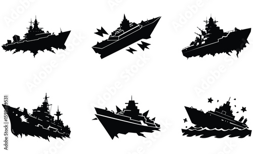 Warship Wreck Vector Set – Destroyed Military Ship Silhouettes Featuring Naval Battle Damage and Maritime War Themes

