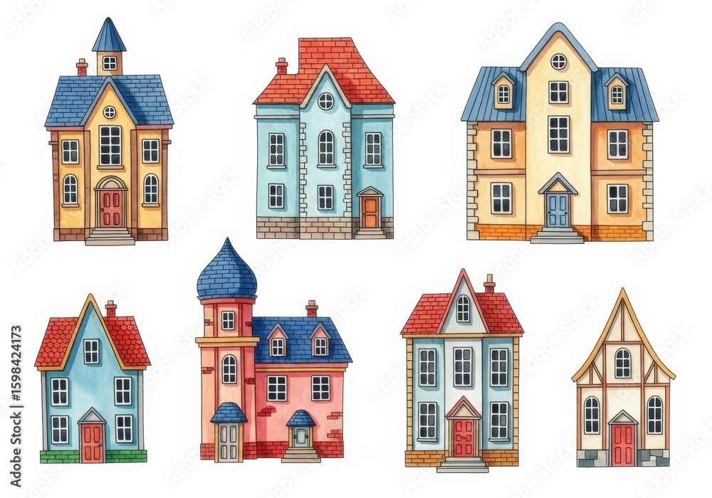 Naklejka premium Colorful Cartoon Houses Collection - A collection of charming cartoon houses featuring various designs and vibrant colors, perfect for playful illustrations or designs