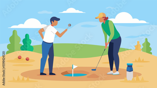A golfer receiving expert advice on how to improve their bunker shots in a virtual environment complete with realistic sand s and obstacles.. Vector illustration
