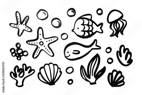 Underwater World: A charming illustration showcases a collection of marine life, featuring whimsical sketches of fish, starfish, jellyfish, shells, and coral in a lively oceanic scene.