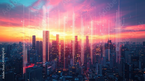 Wallpaper Mural Cityscape at sunset, vibrant lights, digital music notes Torontodigital.ca