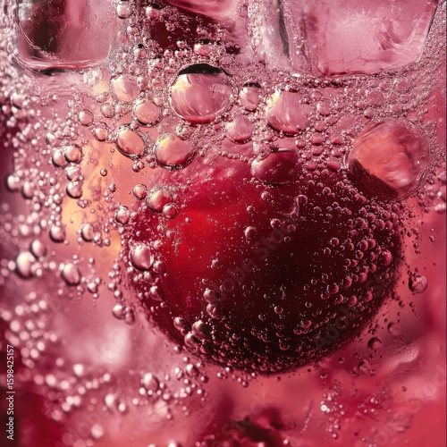 A vibrant cherry is submerged in a fizzy drink, creating a playful display of bubbles against a colorful background. The refreshing composition evokes a sense of summer delight.