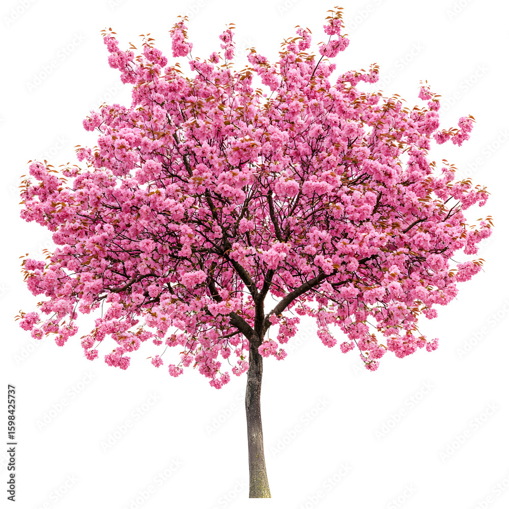 Fototapeta premium A beautiful blooming pink cherry blossom tree with a dense canopy of delicate flowers isolated on transparent background