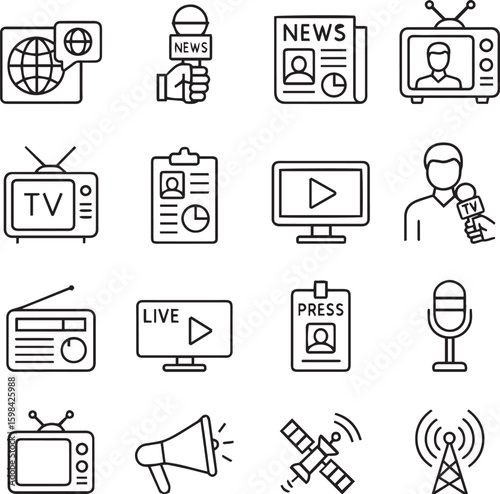 Mass Media line editable icon set. Containing Mass media, journalism, news, TV show, program, report, video, interview, and more. Editable stroke. Vector illustration