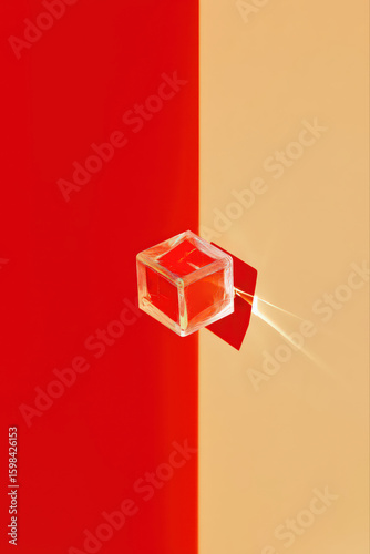 Floating Glass Cube with Shadow on Split Color Background