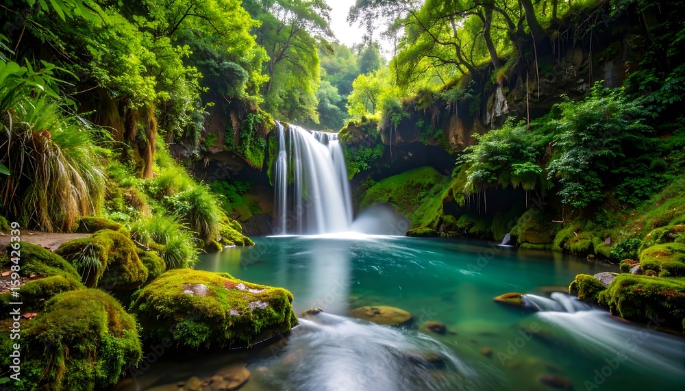 Obraz premium Lush waterfall cascading into a turquoise pool, surrounded by vibrant greenery