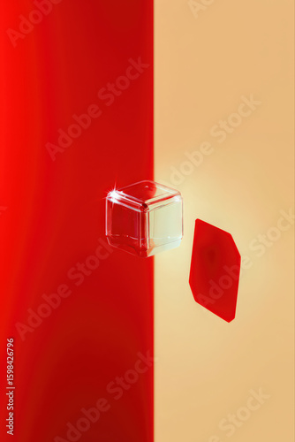 Floating Cube and Red Paper on Color Split Background – Abstract 3D Minimalism