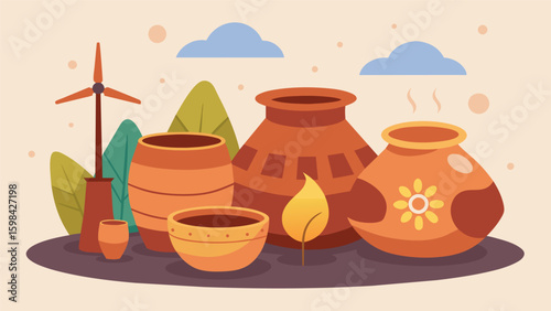 A clay pottery set made from locallysourced clay and fired using renewable energy showcasing the importance of supporting local artisans and. Vector illustration