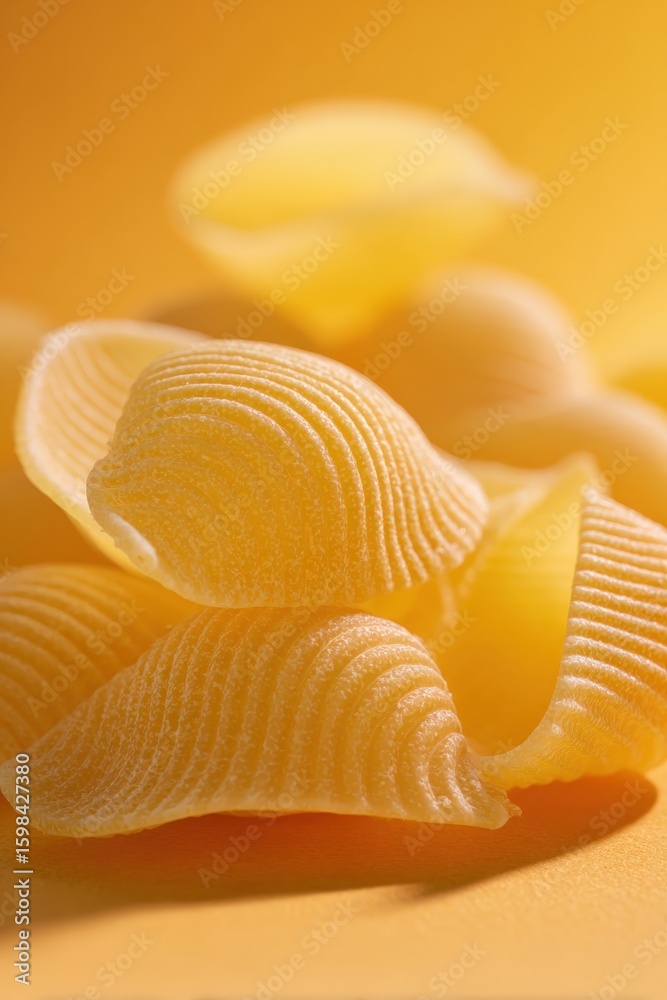 Close-up view of uncooked pasta shells stacked on a smooth surface. The warm background enhances their unique ridged texture and delightful curves. Close-up view of uncooked pasta shells stacked on a smooth surface. The warm background enhances their unique ridged texture and delightful curves.